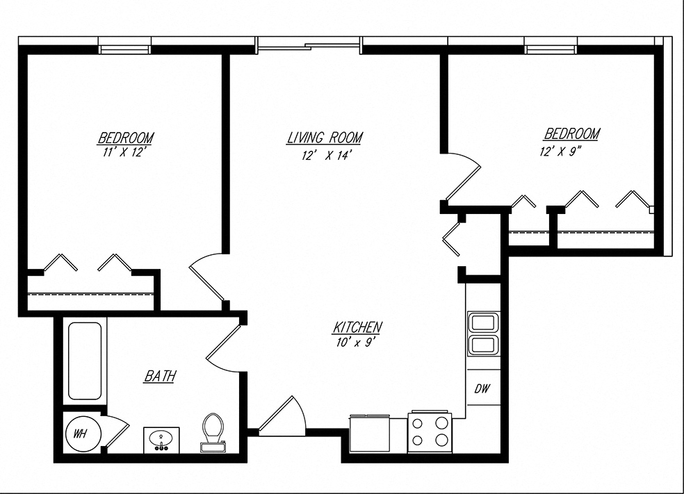 Floor plan for 2 beds, 1 bath, 732 sqft